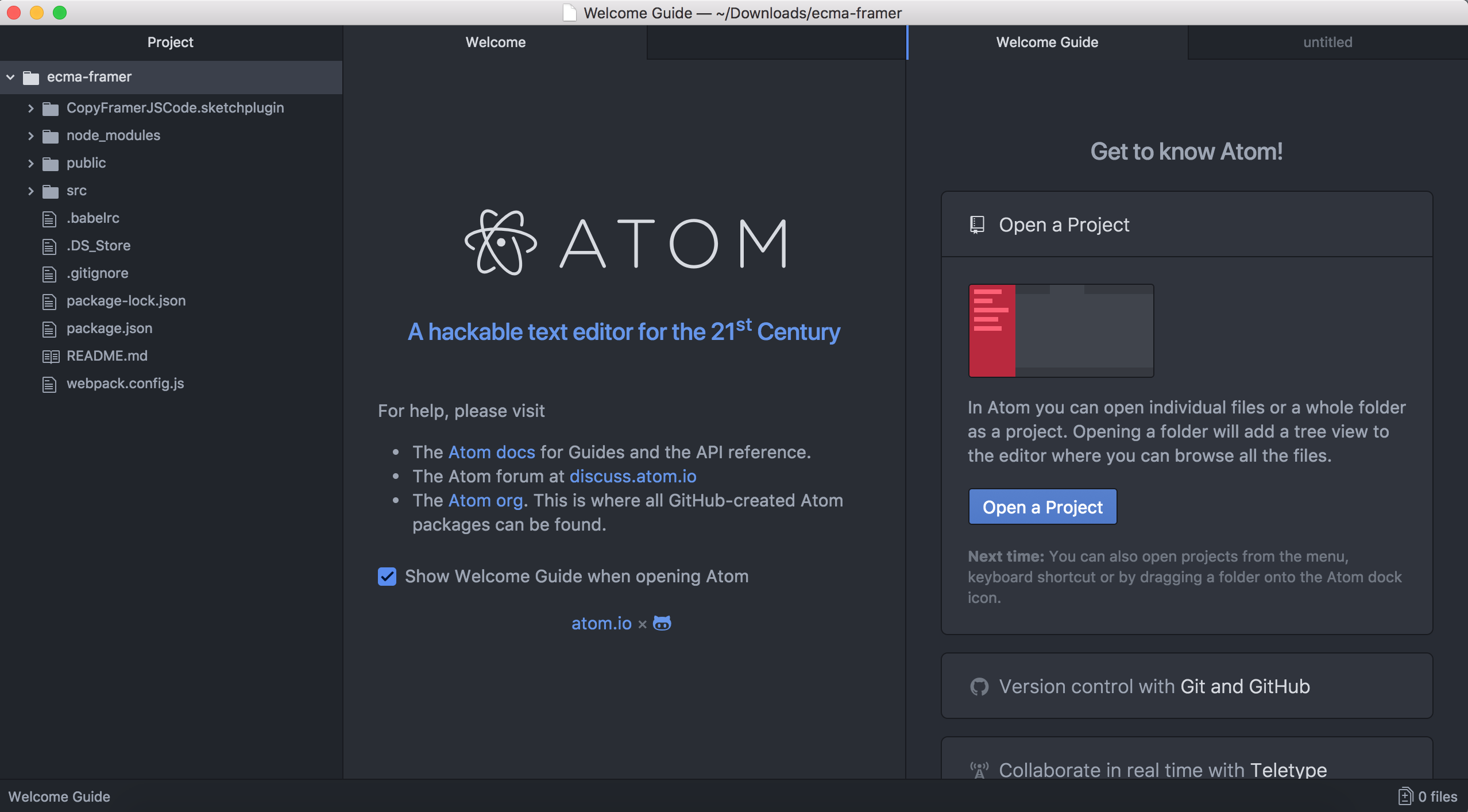 Atom screen after opening our project